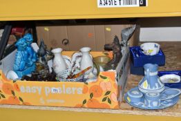 TWO BOXES AND LOOSE ASSORTED CERAMICS ETC to include a Japanese glazed foo dog, a pair of