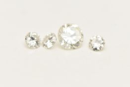 FOUR LOOSE STONES, a round brilliant colourless stone assessed as an approximate 0.33ct diamond, a