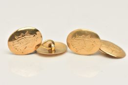 A PAIR OF 18CT GOLD OVAL CUFFLINKS, each with engraved monogram, hallmarked 18ct Birmingham,
