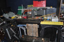 A COLLECTION OF TOOLS AND TOOLBOXES including a morticing attachment, a cased laser level, a