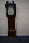 A GEORGIAN EIGHT DAY OAK AND MAHOGANY CASED LONGCASE CLOCK, with twin swan neck pediment, the arched