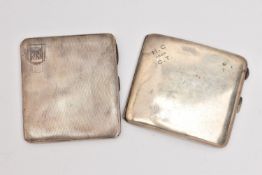 TWO SILVER CIGARETTE CASES, the first with an engine turned pattern and engraved cartouche,