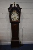 A GEORGIAN OAK CASED EIGHT DAY LONGCASE CLOCK, with a swan neck pediment, the brass finial with a