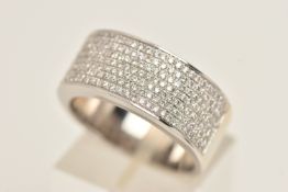 A CONTEMPORARY 18CT GOLD WIDE DIAMOND SET RING, a white gold ring, pave set with round brilliant cut