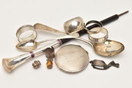 AN ASSORTMENT OF SILVER AND WHITE METAL ITEMS, to include a silver engine turned pattern compact,