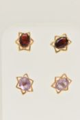 TWO PAIRS OF EARRINGS, a pair of yellow gold and amethyst earrings, and a pair of yellow gold and