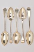 FIVE GEORGIAN SILVER SERVING SPOONS, each of an Old English pattern, four with engraved initials