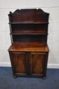 A 19TH CENTURY MAHOGANY CHIFFONIER, the raised back with two shelves and turned supports, atop a