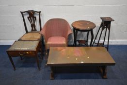 A SELECTION OF OCCASIONAL FURNITURE to include a copper top coffee table, width 107cm x depth 46cm x