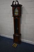 A TEMPUS FUGIT MAHOGANY CASED LONGCASE CLOCK, the twin swan neck pediment flanking a central finial,