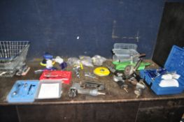 A BASKET CONTAINING PNEUMATIC TOOLS including belt and disc sander, four spray guns, an airbrush,