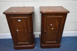 A PAIR OF OPPOSING VICTORIAN MAHOGANY BEDSIDE CABINETS, with single cupboard doors, width 43cm x