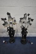 A PAIR OF ART NOUVEAU STYLE CAST RESIN FIGURAL TABLE LAMPS, in the form of a scantily clad male