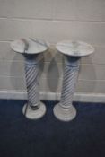 A PAIR OF LARGE MARBLE JARDINIERE STANDS, with a circular stepped top and bottom, on a spiral