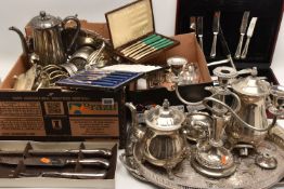 A LARGE ASSORTMENT OF WHITE METAL WARE, to include an incomplete wooden canteen of cutlery (