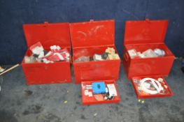 THREE METAL TOOLCHESTS CONTAINING TOOLS AND HARDWARE including plumbing fixings and tools, work