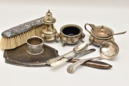 AN ASSORTMENT OF SILVER AND WHITE METAL, a silver napkin ring, a silver butter knife with mother
