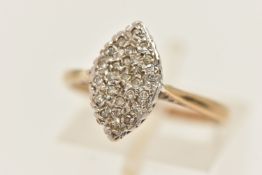 A 9CT GOLD DIAMOND CLUSTER RING, of a lozenge form, set with small single cut diamonds, pinched