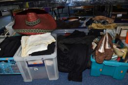 SEVEN BOXES OF VINTAGE CLOTHES to include a large sombrero, various skirts, blouses, jackets,