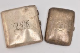 TWO SILVER CIGARETTE CASES, the first of a polished form with engraved initials, gilt interior,