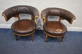 A PAIR OF 19TH CENTURY MAPLE ARMCHAIRS, with brown leatherette upholstery, the deep curved back with