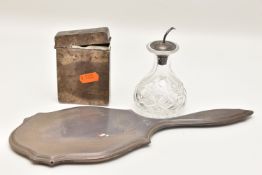 A SILVER CIGARETTE BOX, HAND HELD MIRROR AND A GLASS JAR, the plain polished cigarette box with
