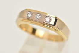 AN 18CT GOLD THREE STONE DIAMOND RING, a signet style bi colour ring, flush set with three round