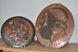 TWO COPPER RELIEF PLAQUES, the largest oval copper plaque depicting a profile of Homer in high