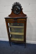 AN EDWARDIAN MAHOGANY CHINA CABINET, the raised back with a ribbon style crest and a circular