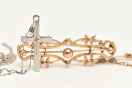 A BROOCH AND NECKLACE, the first a yellow metal open work brooch, stamped 9ct with a base metal pin,