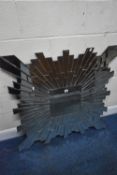 A MODERN SQUARE GLASS SUNBURST MIRROR, 100cm squared, condition report: multiple cracks to