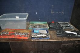 A TRAY CONTAINING SOCKET SETS AND SPANNERS including Azuno ratchet spanners, a Hasky socket set, a