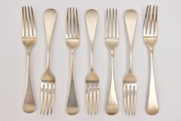 SEVEN SILVER OLD ENGLISH PATTERN TABLE FORKS, six hallmarked 'Samuel Hayne & Dudley Cater' London