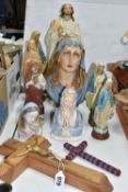 A GROUP OF CHRISTIAN STATUES AND CROSSES, to include two brass altar crucifixes, height of tallest