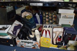 FOUR BOXES AND LOOSE LADIES' SHOES AND ACCESSORIES, to include hats in hat boxes, handbags, slip