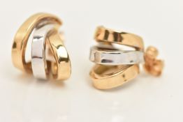 A PAIR OF 18CT GOLD BI-COLOUR HALF HOOP EARRINGS, post and scroll fittings for pierced ears,