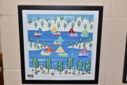 GORDON BARKER (BRITISH CONTEMPORARY) 'WINTER WONDERLAND', a naive winter landscape with boats