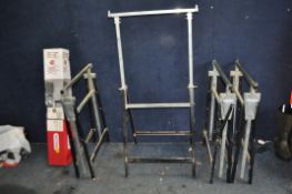 TWO PAIRS OF METAL SAW HORSES with height adjustment and a boxed Oregon saw horse (5) Condition
