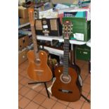 THREE BOXES AND LOOSE MISCELLANEOUS ITEMS, to include two acoustic guitars, a boxed Winsor &