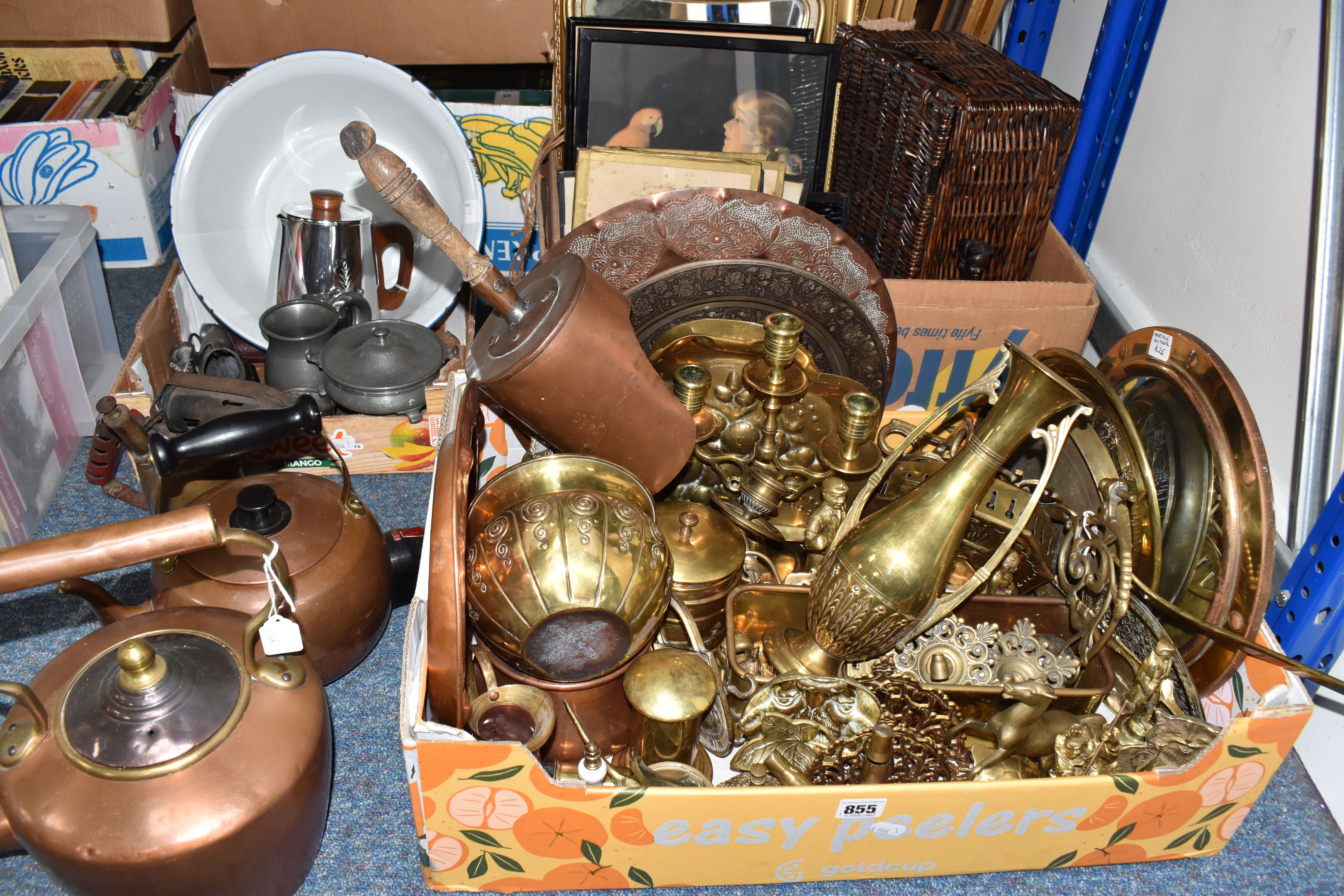 THREE BOXES AND LOOSE METALWARE, PICTURES AND SUNDRY ITEMS, to include brass and copper wares,