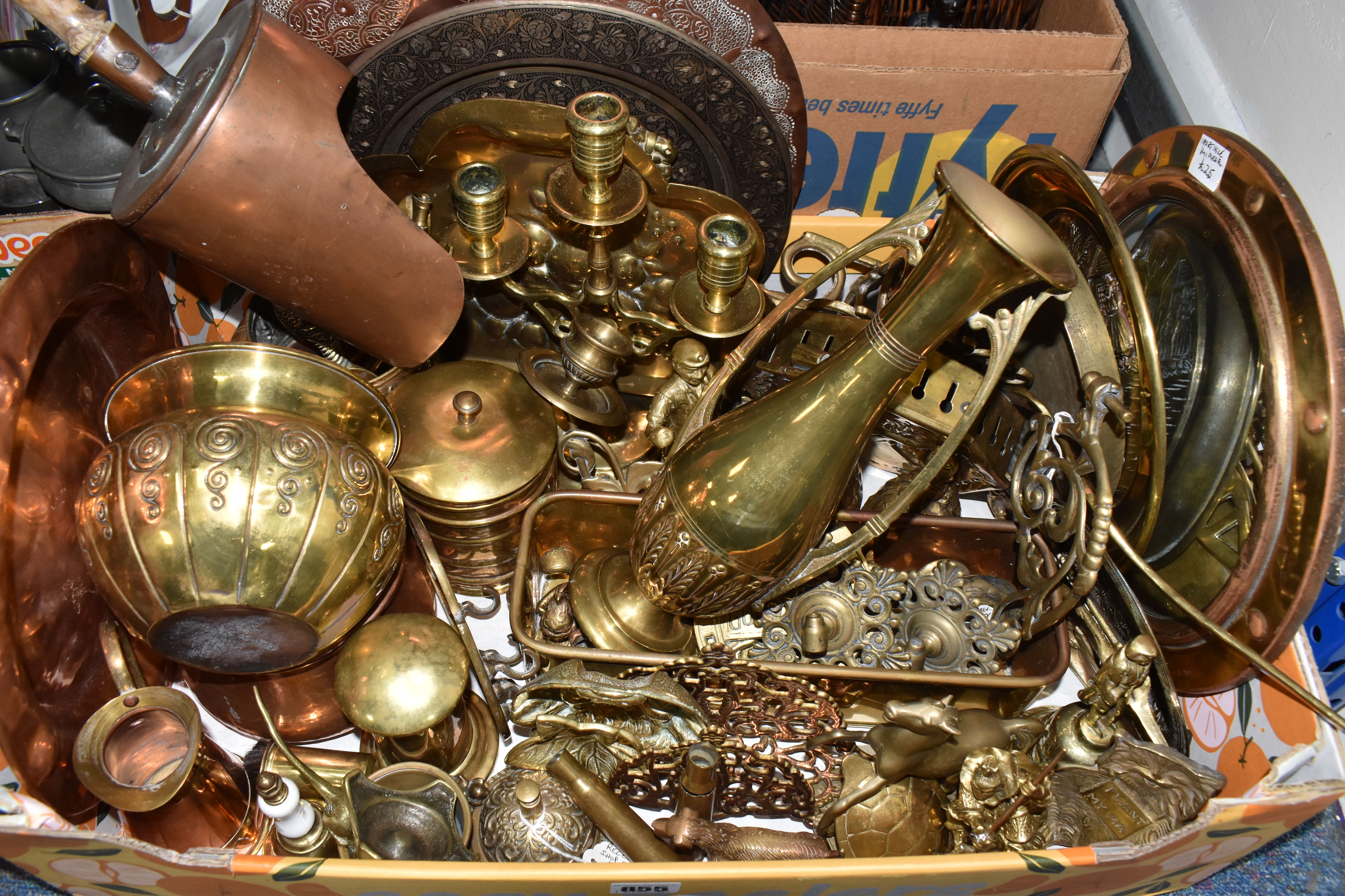 THREE BOXES AND LOOSE METALWARE, PICTURES AND SUNDRY ITEMS, to include brass and copper wares, - Image 2 of 6
