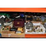 THREE BOXES AND LOOSE TRINKET BOXES, DESK ACCESSORIES, HATS AND EVENING BAGS, to include a wooden