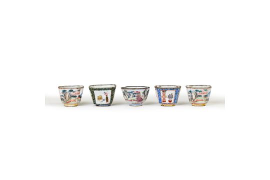 Five Chinese painted enamel wine cups Qing dynasty, 18th century Three painted with landscapes,...