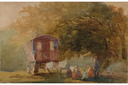 Thomas Scott, RSA,  Scottish 1854/59-1927-  Travellers making a camp by a wagon;  pencil and wa... - Image 1 of 3