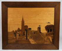 Charles Spindler, French, 1865-1938, a wood inlay view of Strasbourg, signed to lower right corne...