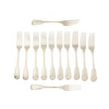 A set of twelve George III silver table forks.  Peter & William Bateman, London, 1807.  The tw...