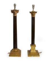Two gilt and patinated bronze Corinthian column table lamps, 20th century, one with a plinth base...