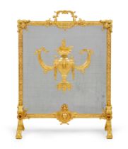 A French gilt-bronze and mesh fire-screen, 20th century, mounted with a swagged urn centred by a ...