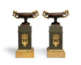 A pair of Napoleon III gilt and patinated bronze tazza, third quarter 19th century, each square-s...