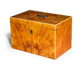 An early Victorian blonde tortoiseshell tea caddy, c.1840, of rectangular form with pewter line i...